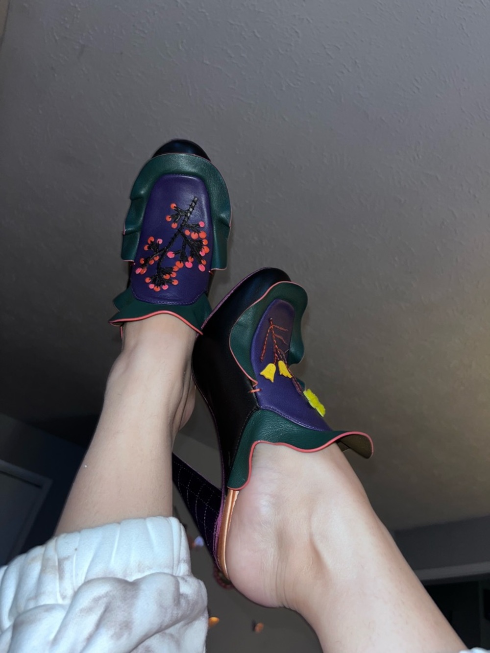Fendi Green & Purple Floral Embroidered Leather Mules - Picture 12 of 14